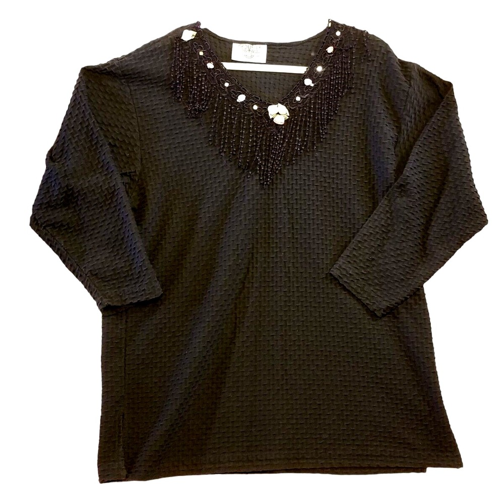 Vintage Womens Top Blouse Plus Size 2X Black Textured Fringe Ribbon Roses